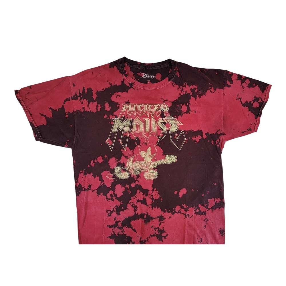 Disney Mickey Mouse Bleached Tie Dye Graphic T Shirt Mens XL Red Black Rock Band